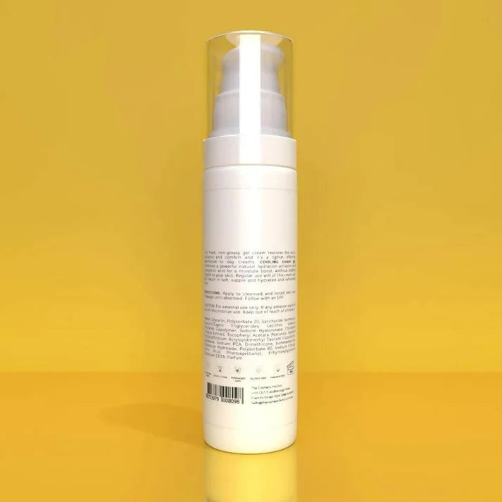 a bottle of cooling cream gel 50ml on a yellow background.