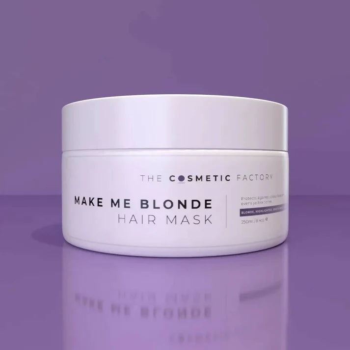 a jar of make me blonde hair mask 250ml on a purple background.