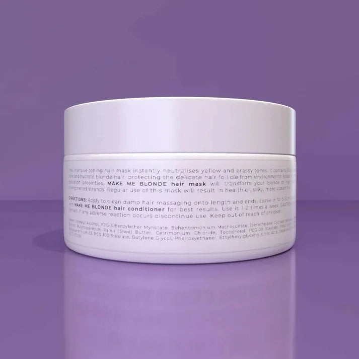 a jar of make me blonde hair mask 250ml on a purple background.
